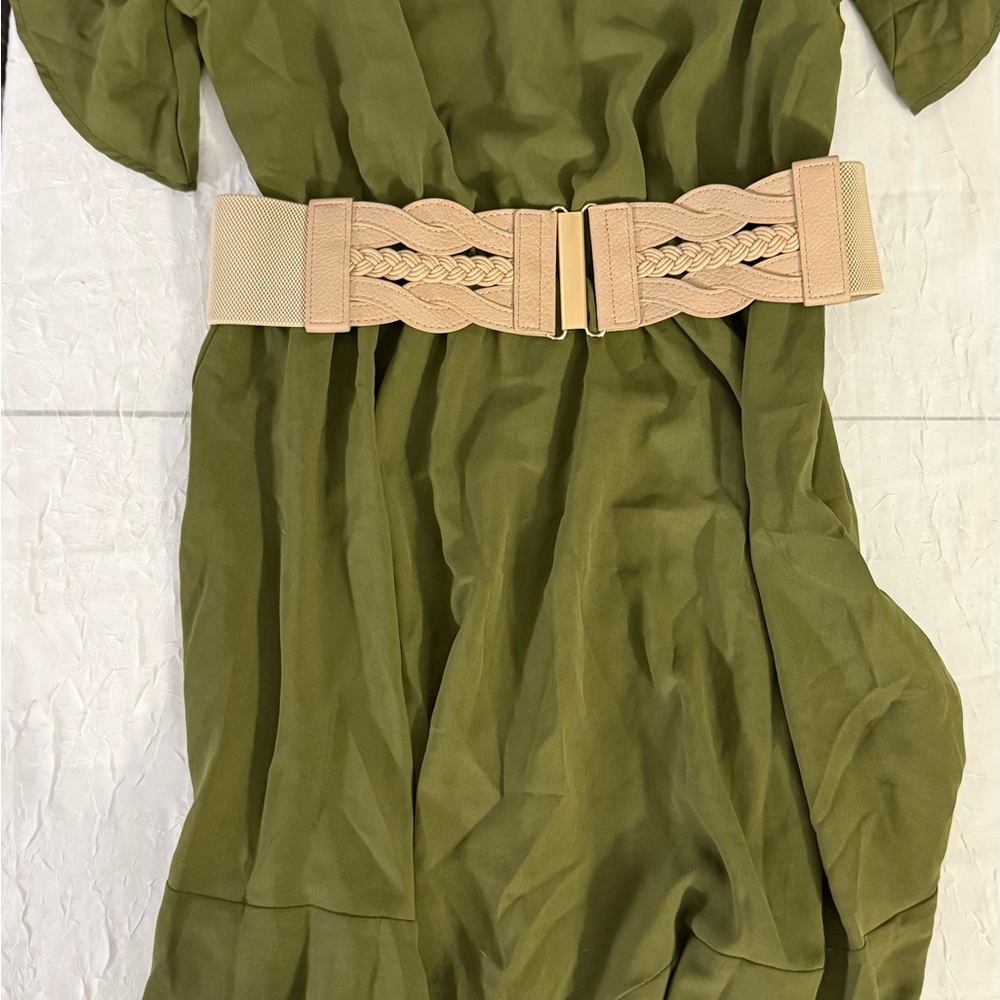 SHEIN Olive Green Long Sleeve Dress with Tan Braided Belt